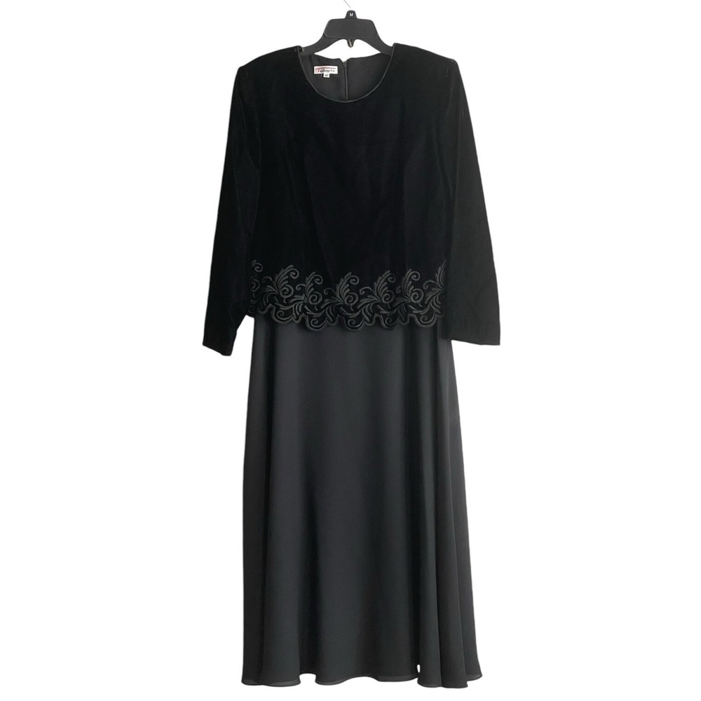 Vintage 90s Talbots Dress 12 Black Velvet Flowy Maxi Formal  Modest Embroidery